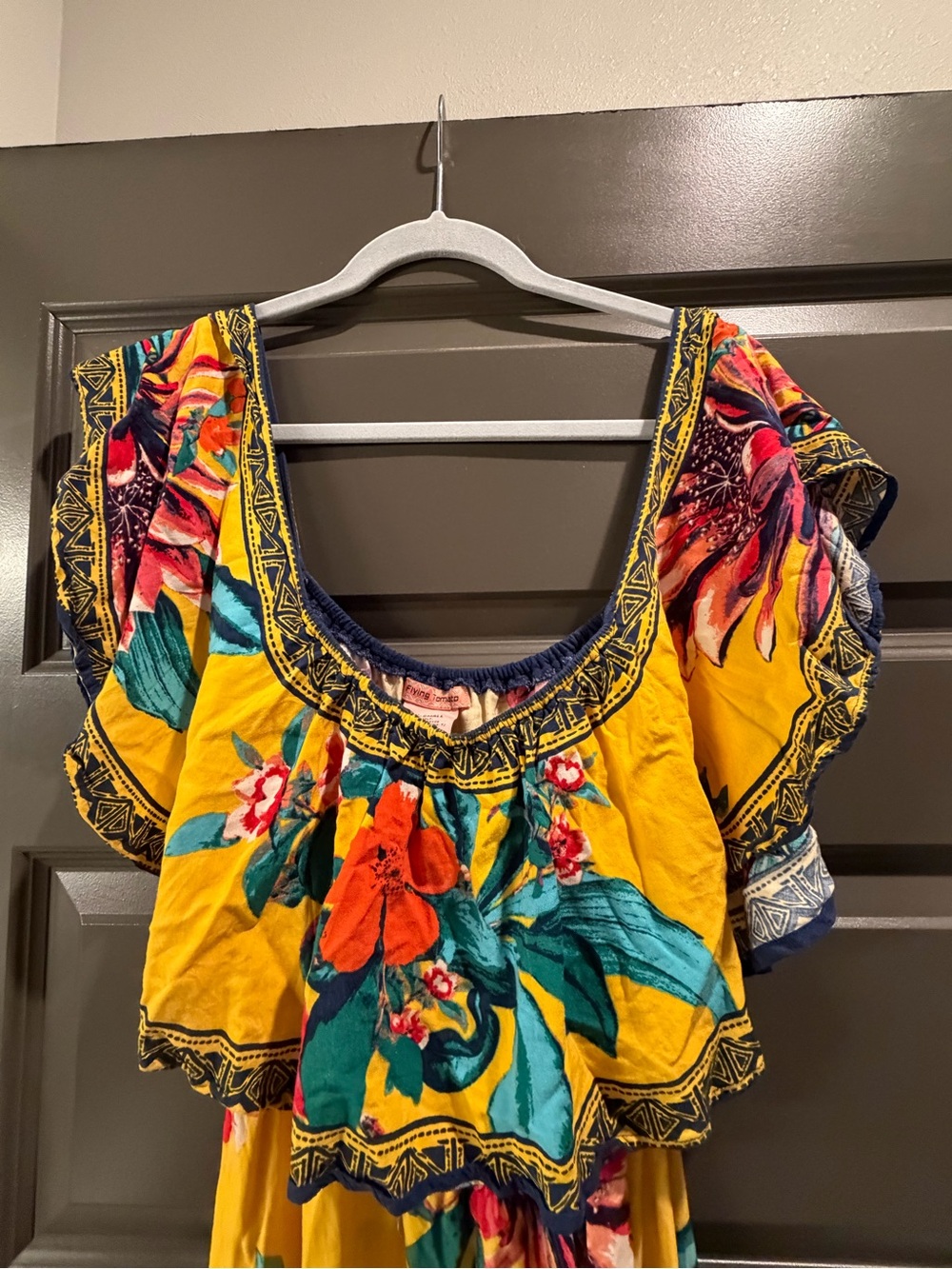 Flying Tomato Yellow Floral Off-Shoulder Maxi Dress with Teal and Coral Accents